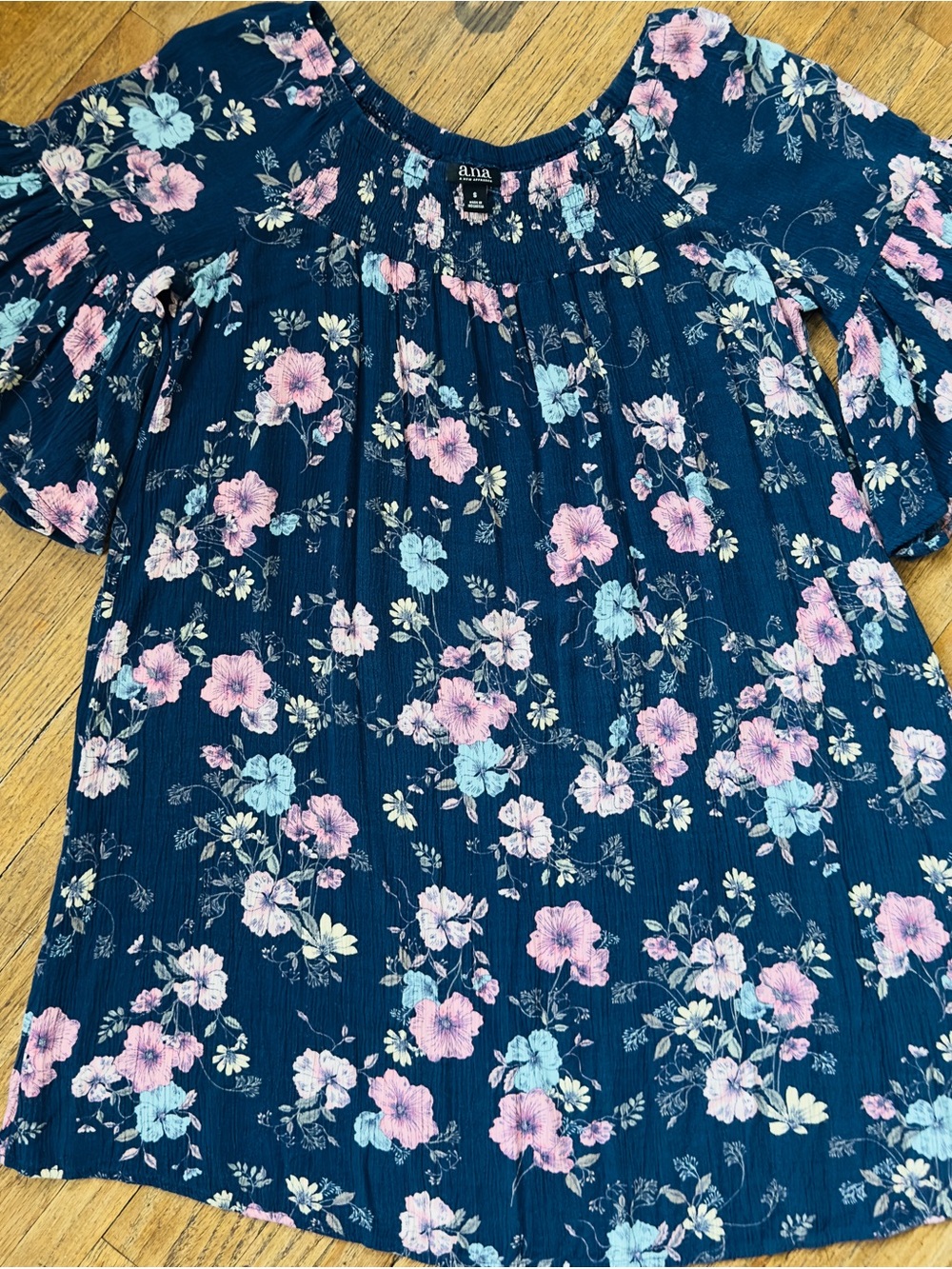 a.n.a Navy Floral Peasant Tunic with Pink & Light Blue Blooms